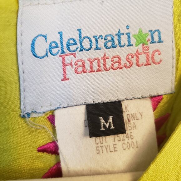 Celebration Fantastic Silk Chartreuse Dress with Hot Pink Flowers Size Medium - Picture 5 of 6